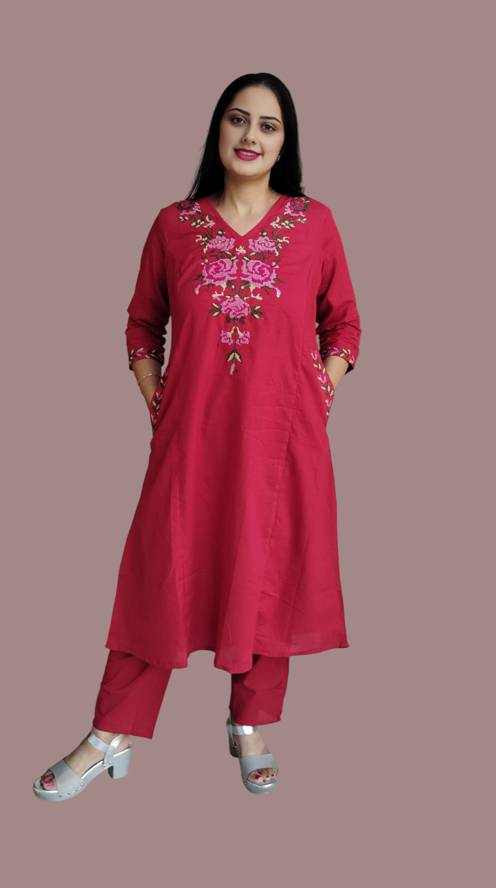 Jaitra Apparels Women Embroidered Pure Cotton Kurta Pant Set(Red)
