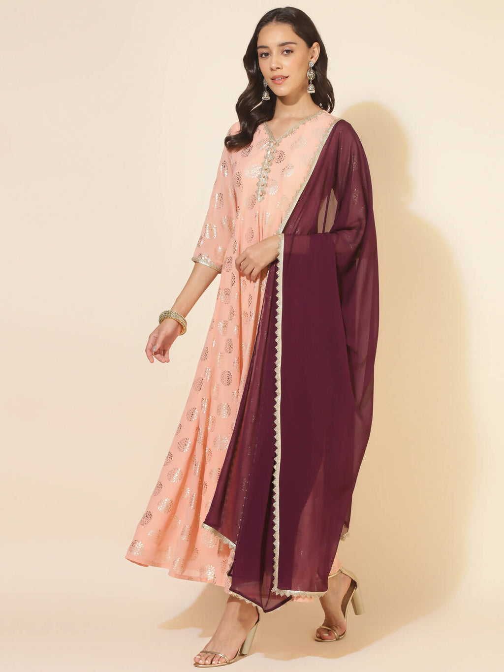 Janasya Women's Peach Georgette Foil Printed Festive Anarkali Kurta Set