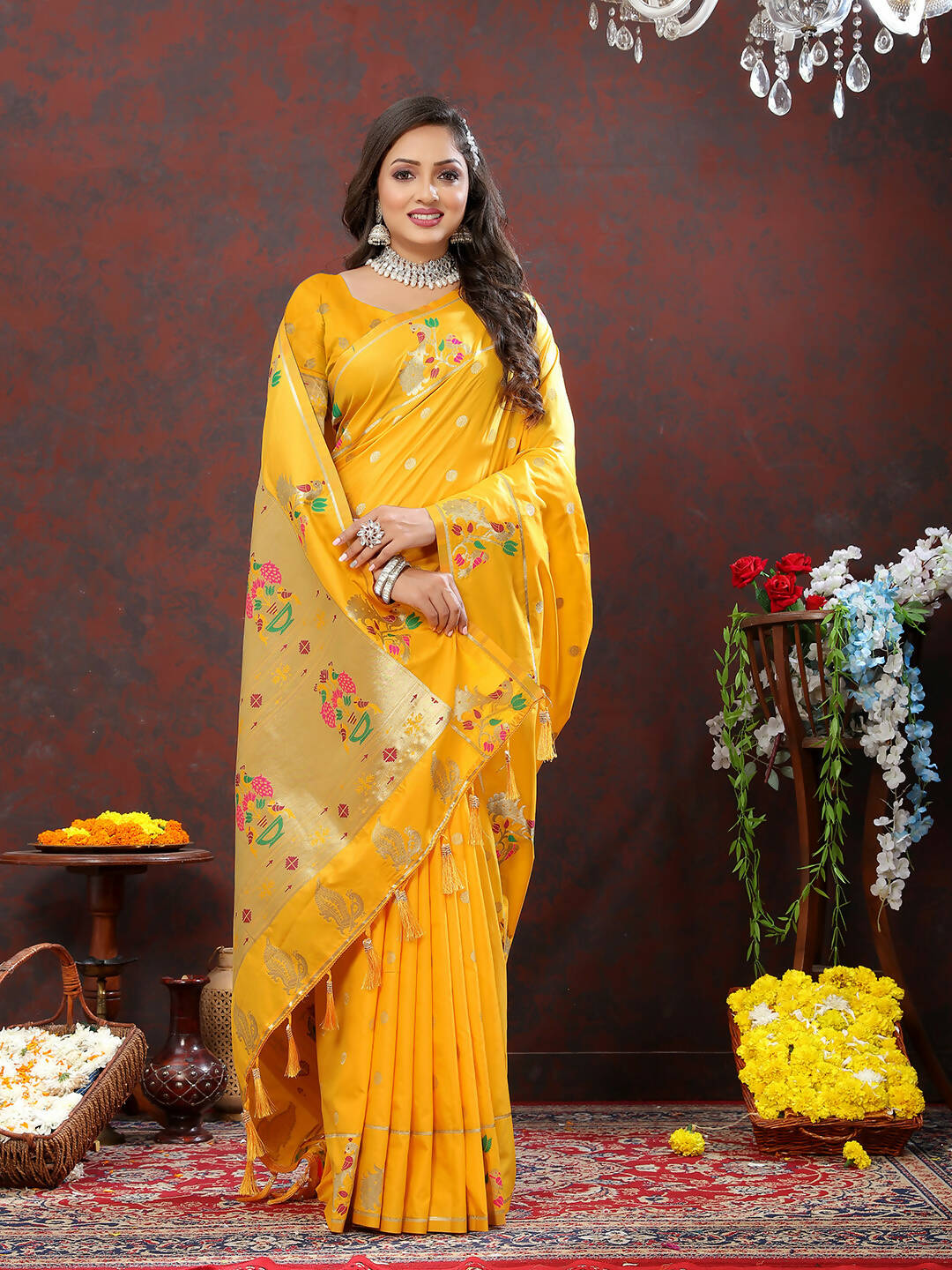 Lorenvalley Fashion Gold Soft Paithani Silk Woven Design Gold Zari Meenakari Weaving Saree
