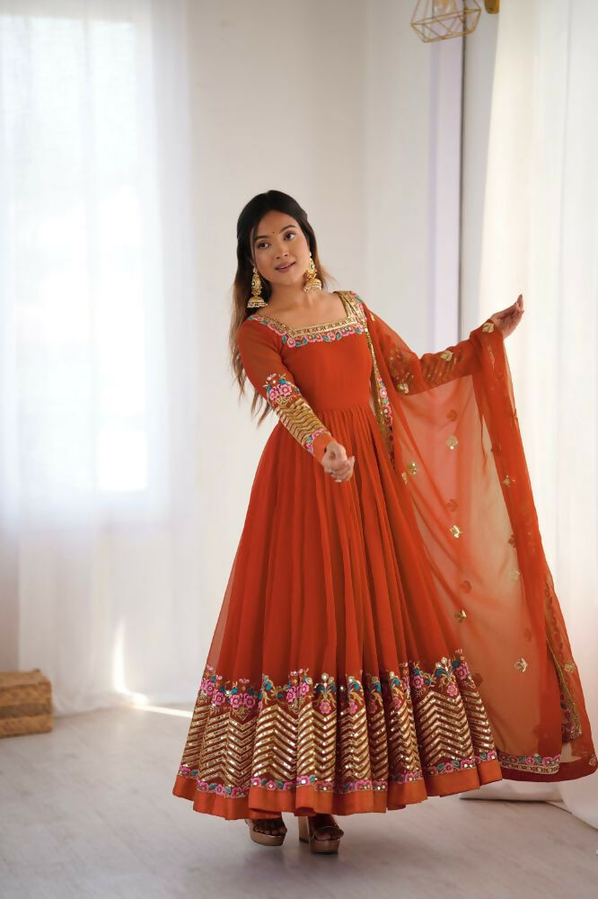 Joban Fashion Orange Georgette Sequence Embroidery Work Readymade Kurta Set