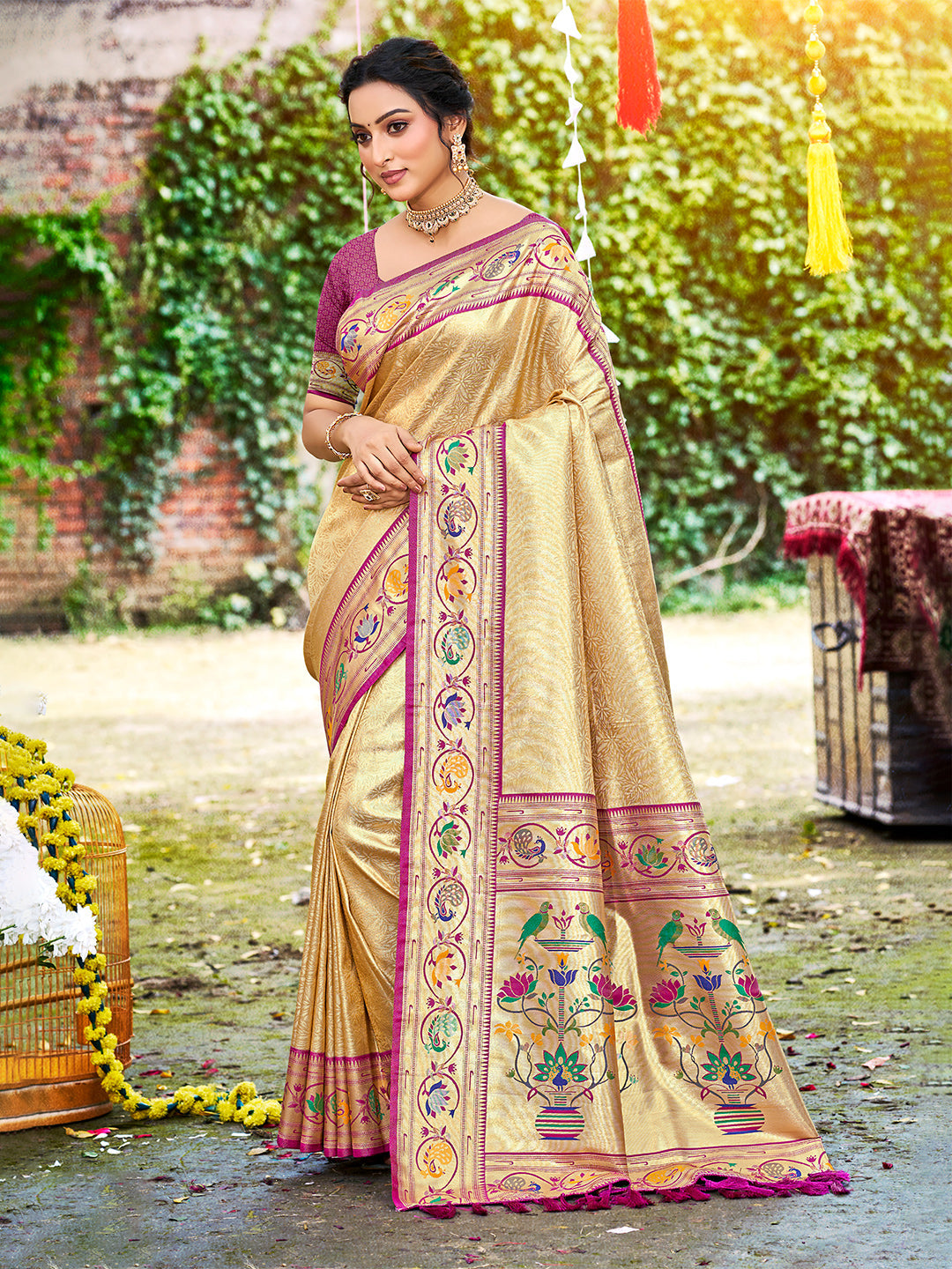Sangam Prints Beige Silk Woven Work Traditional Saree