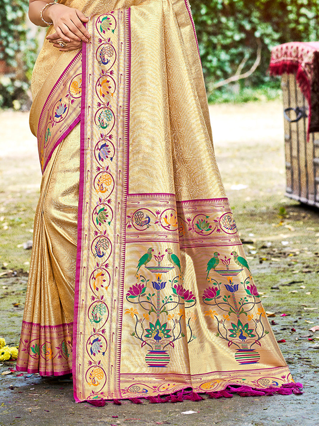 Sangam Prints Beige Silk Woven Work Traditional Saree