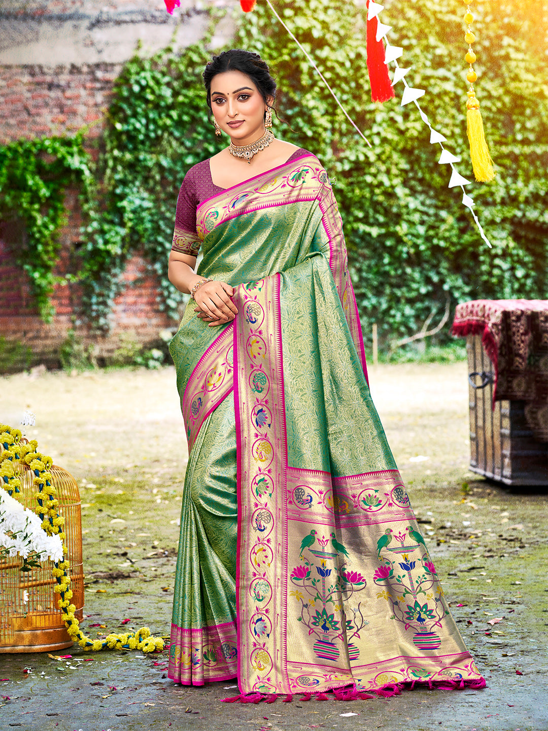 Sangam Prints Dark Green Silk Woven Work Traditional Saree