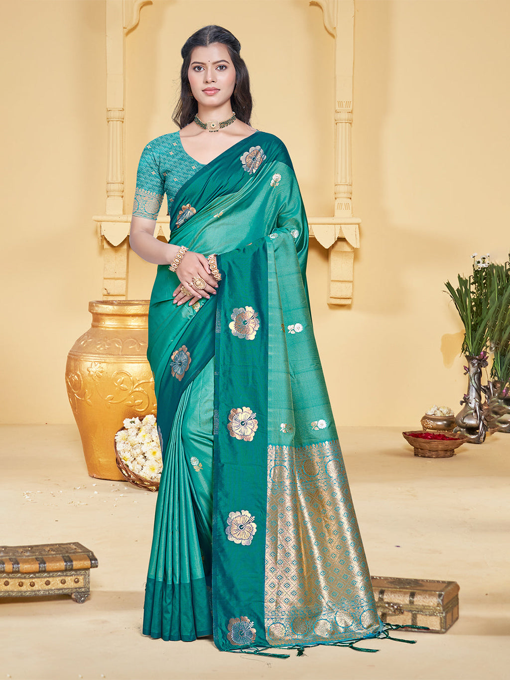 Sangam Prints Teal Blue Silk Woven Work Traditional Saree