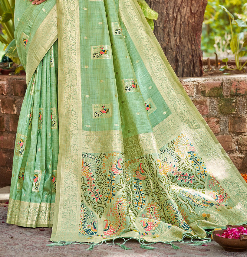 Sangam Prints Sea Green Heavy Assam Silk Saree With Meena Woven Work Traditional Saree