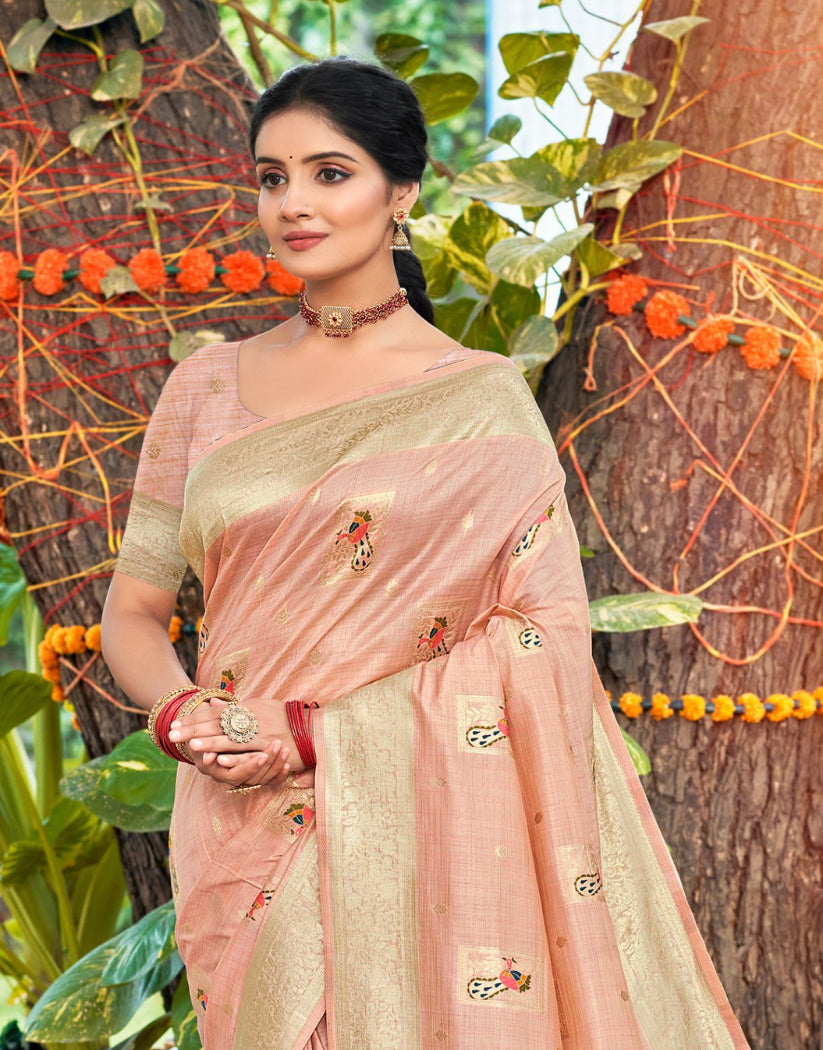 Sangam Prints Lite Pink Heavy Assam Silk Saree With Meena Woven Work Traditional Saree