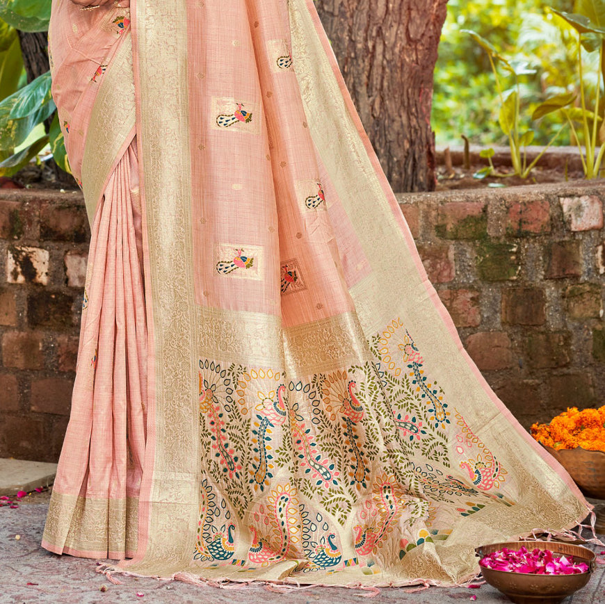 Sangam Prints Lite Pink Heavy Assam Silk Saree With Meena Woven Work Traditional Saree