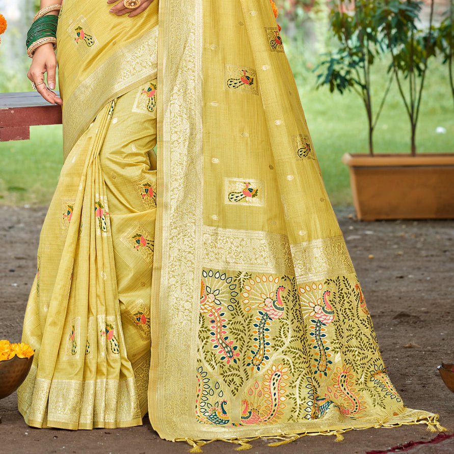 Sangam Prints Yellow Heavy Assam Silk Saree With Meena Woven Work Traditional Saree