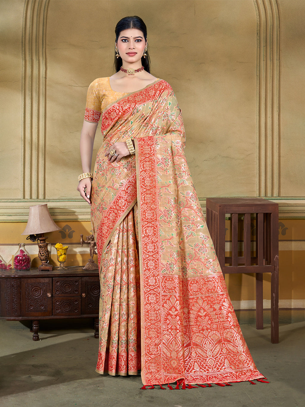 Sangam Prints Beige Cotton Silk With Meena Woven Work Traditional Saree