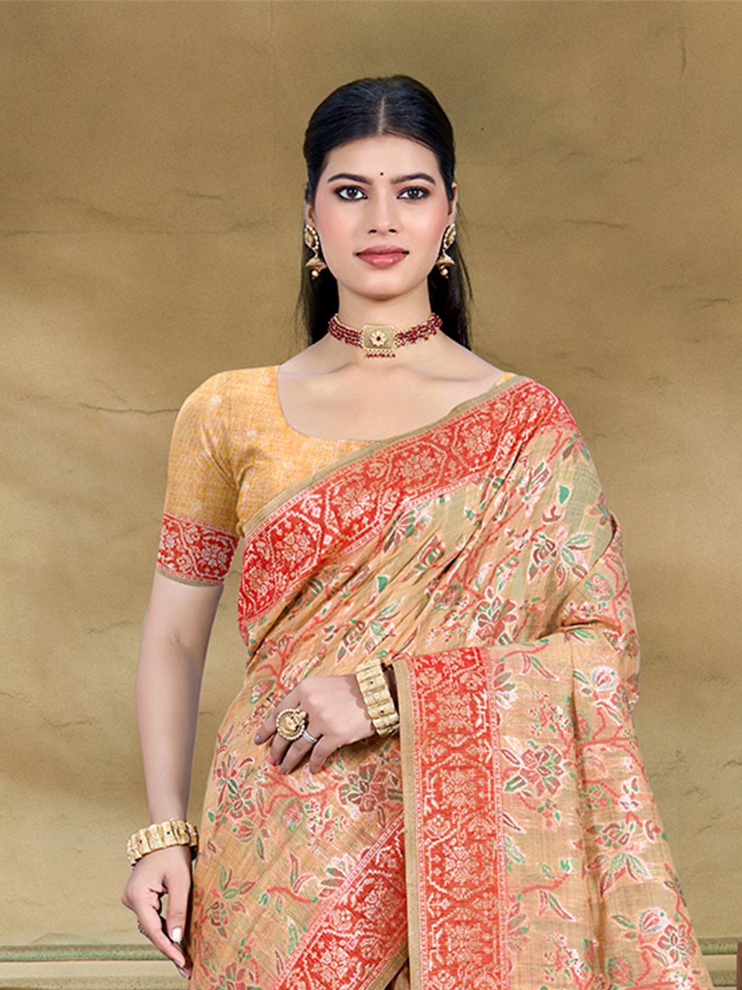 Sangam Prints Beige Cotton Silk With Meena Woven Work Traditional Saree