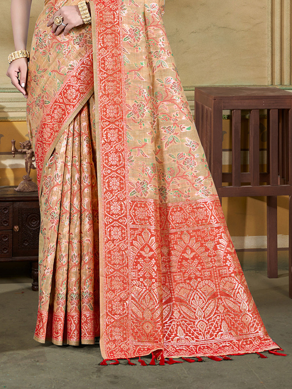 Sangam Prints Beige Cotton Silk With Meena Woven Work Traditional Saree