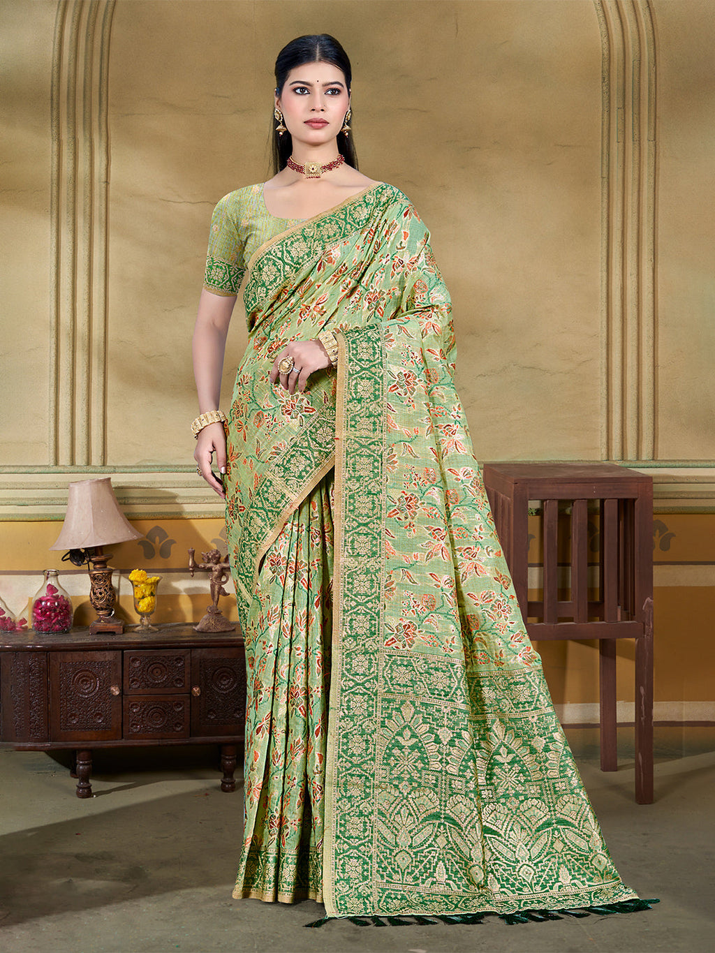 Sangam Prints Light Green  Cotton Silk With Meena Woven Work Traditional Saree