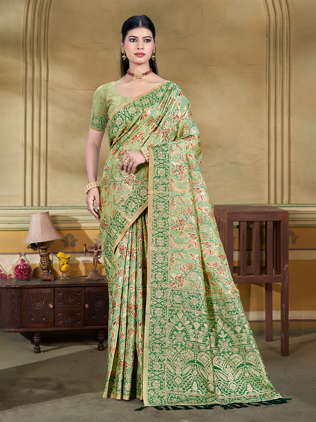 Sangam Prints Light Green  Cotton Silk With Meena Woven Work Traditional Saree