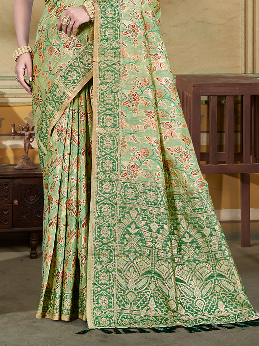 Sangam Prints Light Green  Cotton Silk With Meena Woven Work Traditional Saree