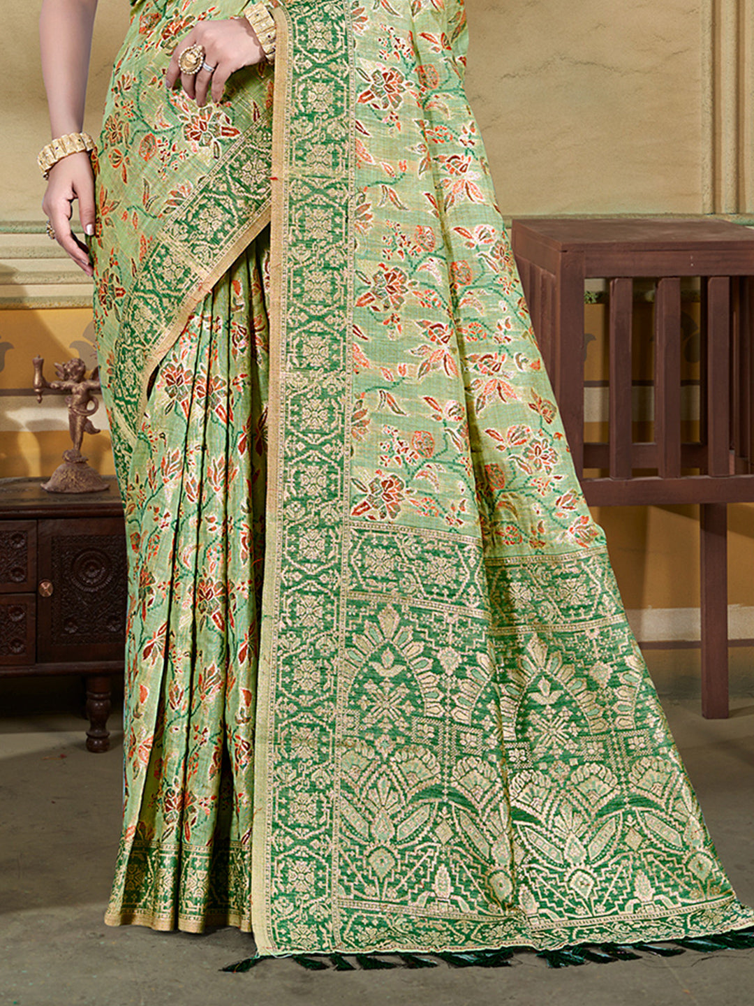Sangam Prints Light Green  Cotton Silk With Meena Woven Work Traditional Saree