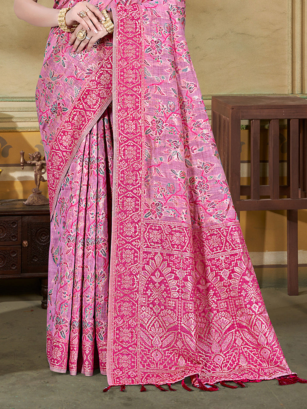 Sangam Prints Pink Cotton Silk With Meena Woven Work Traditional Saree