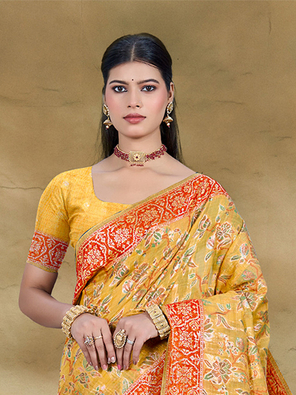 Sangam Prints Mustard Cotton Silk With Meena Woven Work Traditional Saree