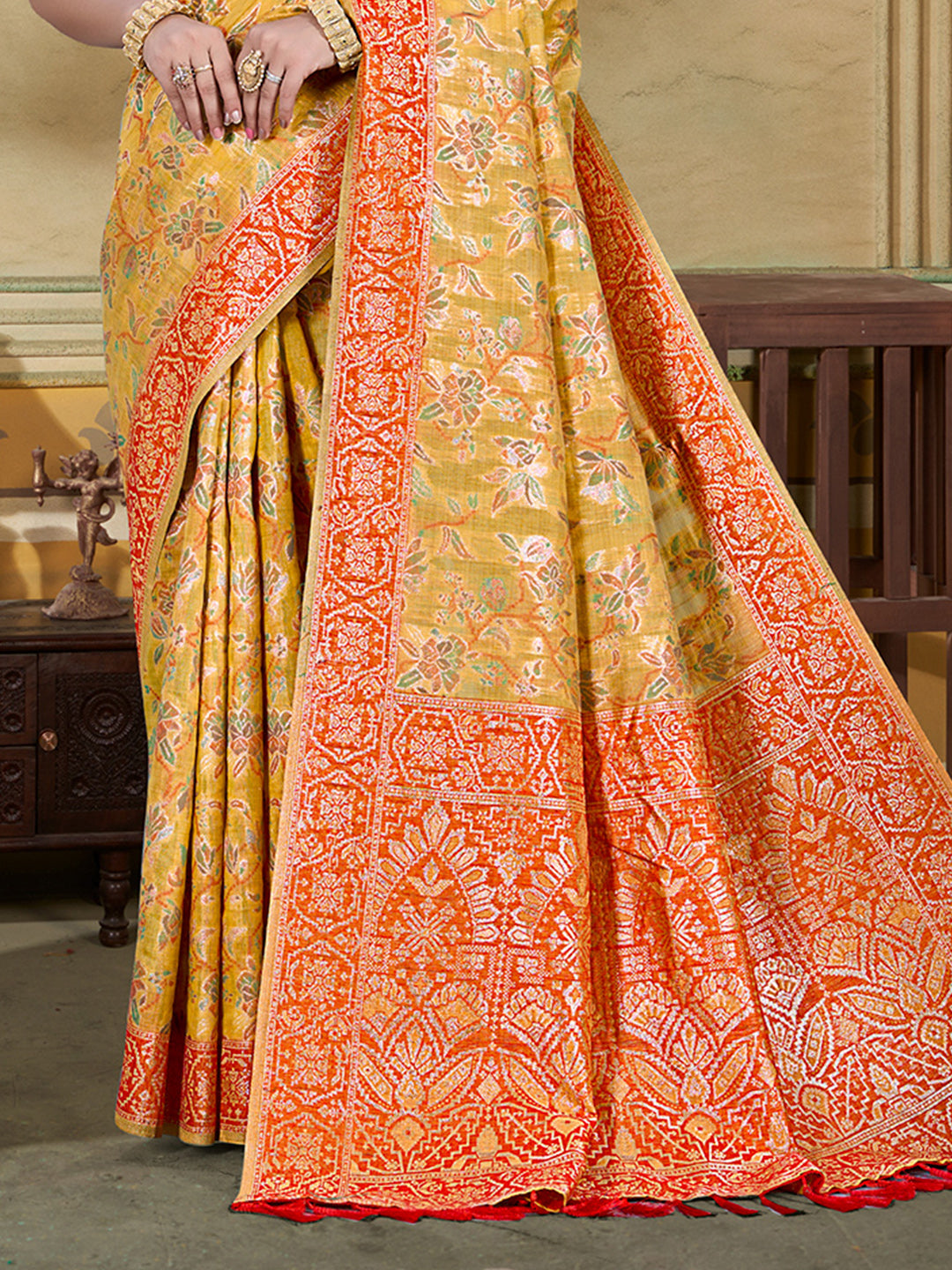 Sangam Prints Mustard Cotton Silk With Meena Woven Work Traditional Saree