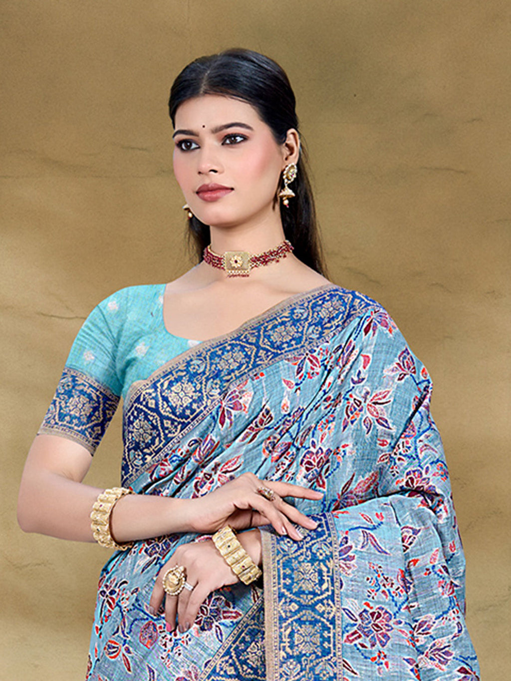 Sangam Prints Light Blue Cotton Silk With Meena Woven Work Traditional Saree
