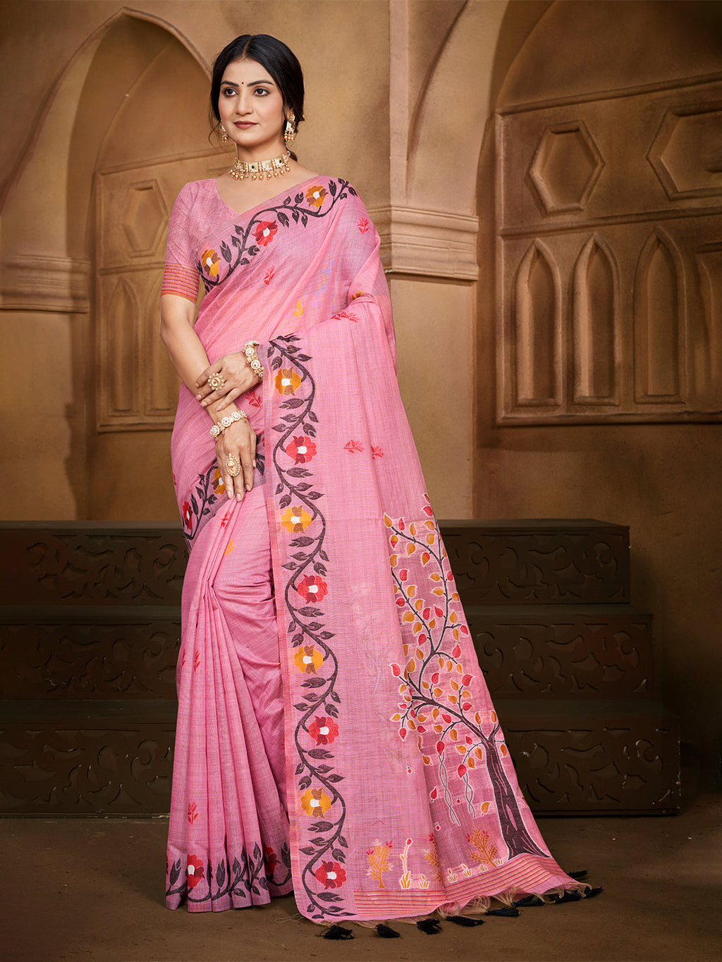 Sangam Prints Light Pink Cotton Silk With Meena Woven Work Traditional Saree