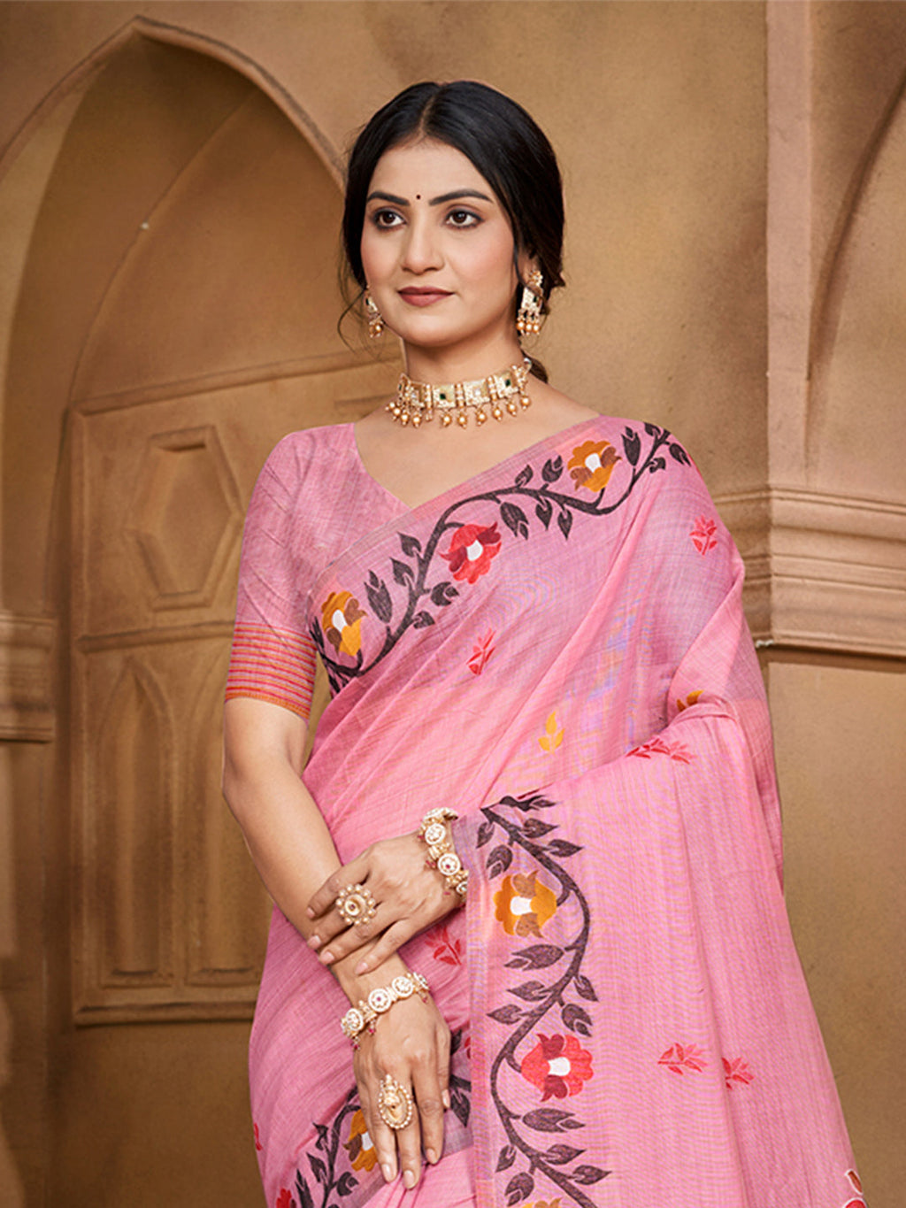 Sangam Prints Light Pink Cotton Silk With Meena Woven Work Traditional Saree