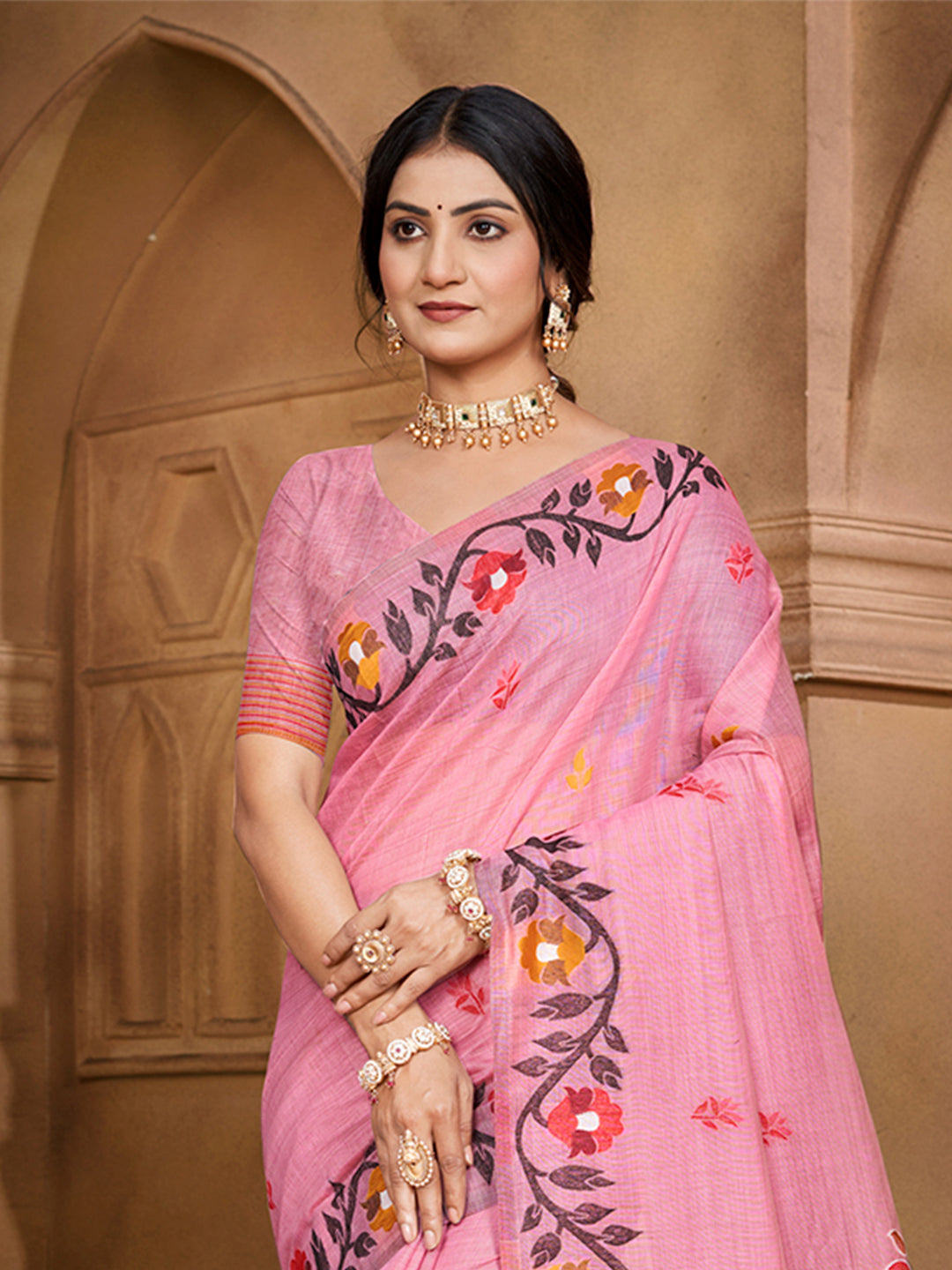 Sangam Prints Light Pink Cotton Silk With Meena Woven Work Traditional Saree