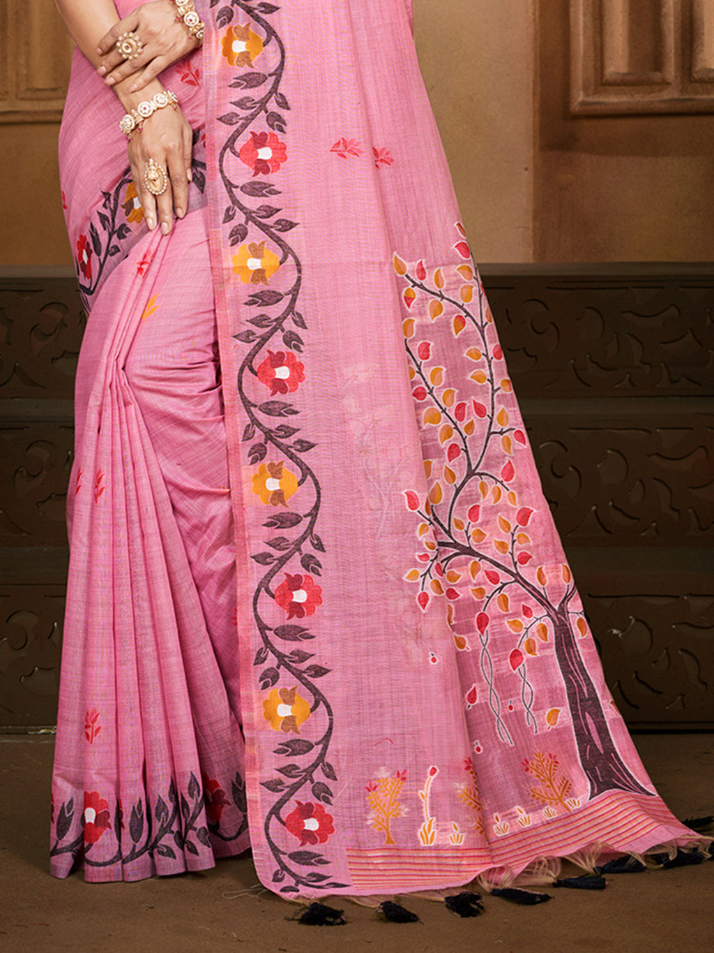 Sangam Prints Light Pink Cotton Silk With Meena Woven Work Traditional Saree