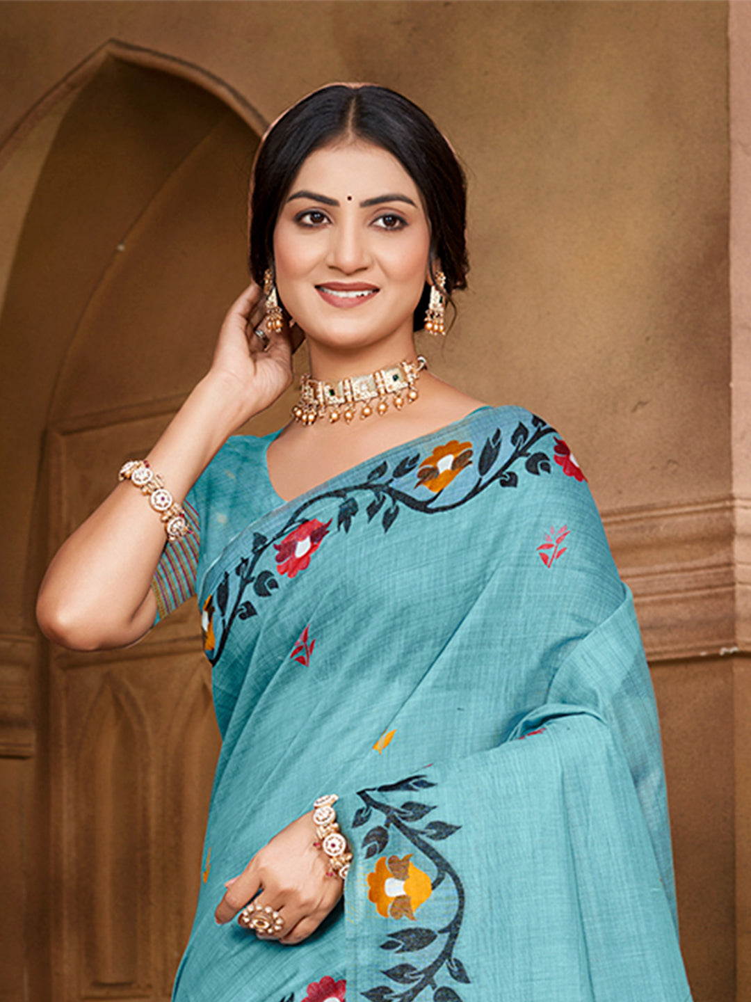 Sangam Prints Sky Blue Cotton Silk With Meena Woven Work Traditional Saree