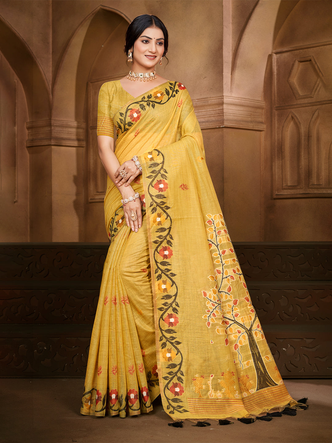 Sangam Prints Yellow Cotton Silk With Meena Woven Work Traditional Saree