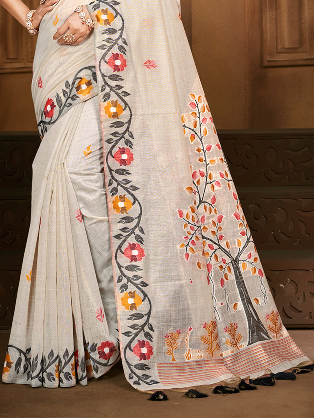 Sangam Prints Off-White Cotton Silk With Meena Woven Work Traditional Saree