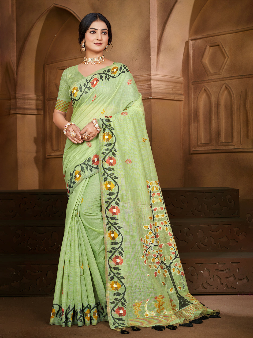 Sangam Prints Green Cotton Silk With Meena Woven Work Traditional Saree