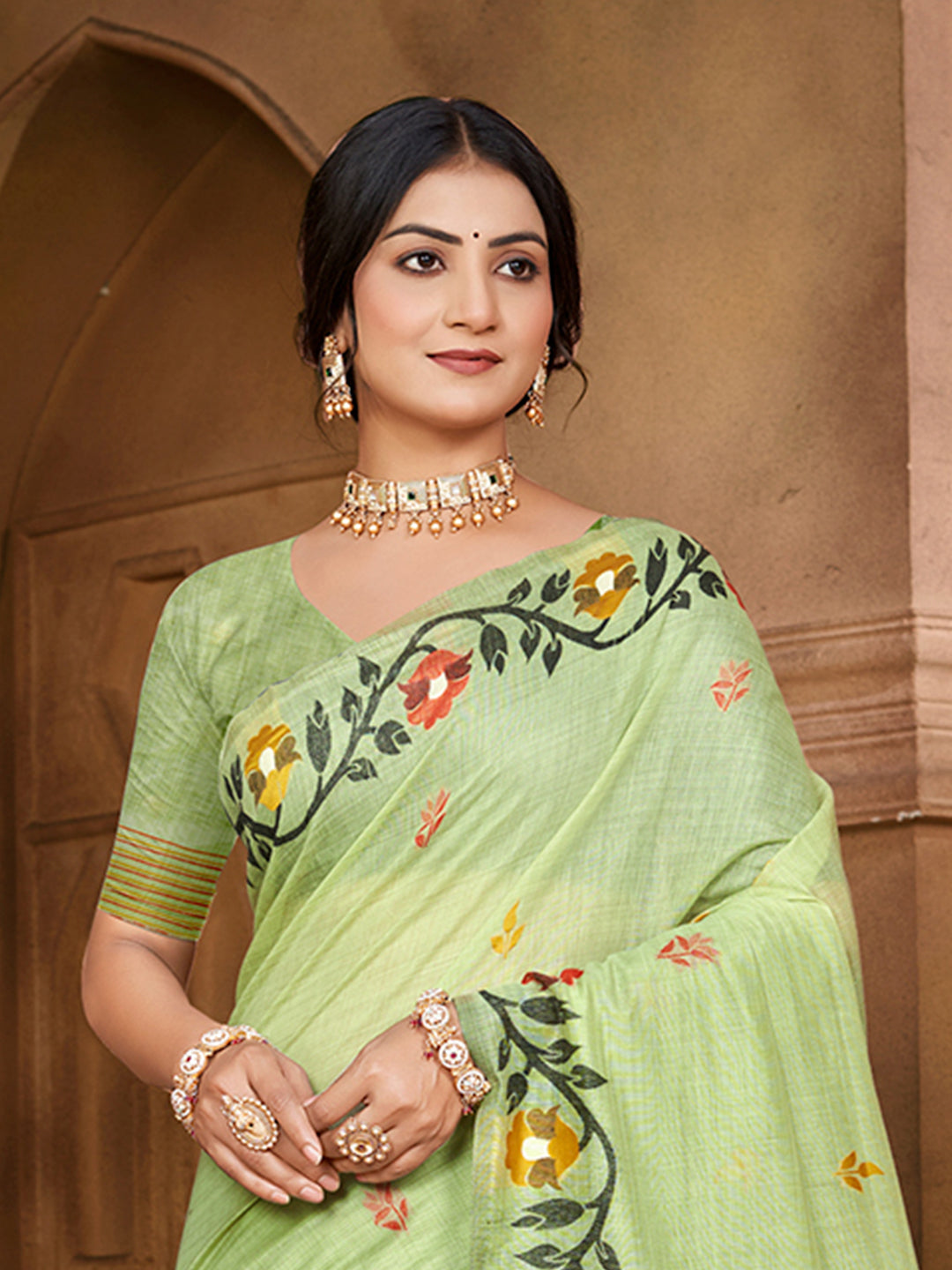 Sangam Prints Green Cotton Silk With Meena Woven Work Traditional Saree