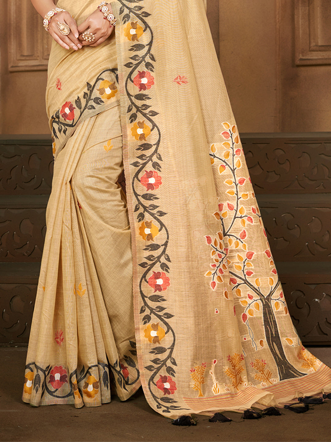 Sangam Prints Beige Cotton Silk With Meena Woven Work Traditional Saree