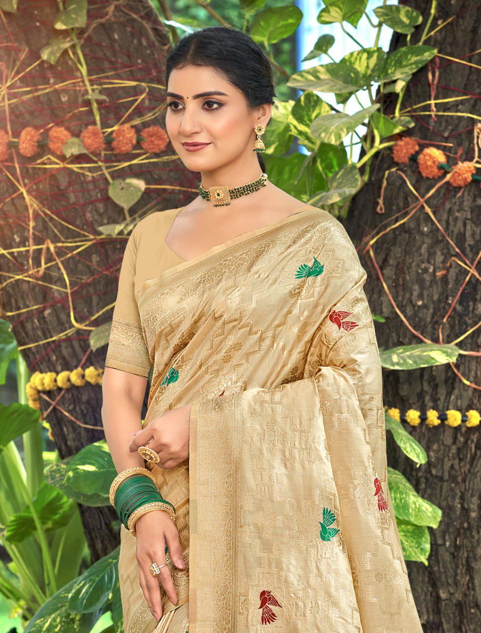 Sangam Prints Chiku Havy Assam Silk Saree With Meena Woven Work Traditional Saree