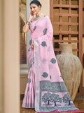 Sangam Prints Pink Linen Woven Work Traditional Saree
