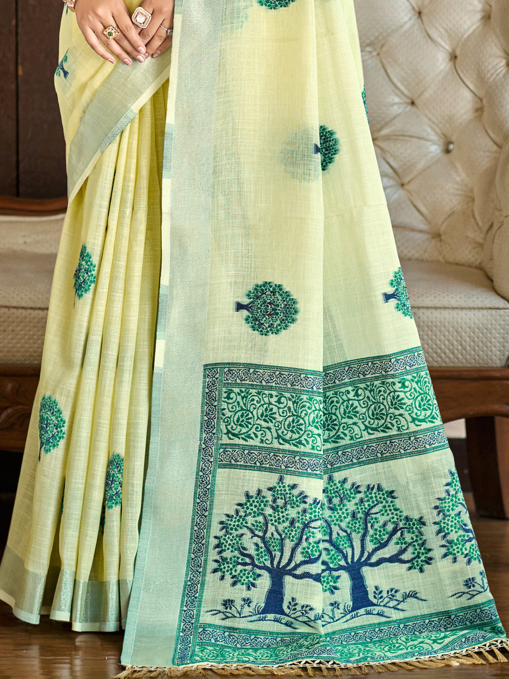 Sangam Prints Yellow Linen Woven Work Traditional Saree