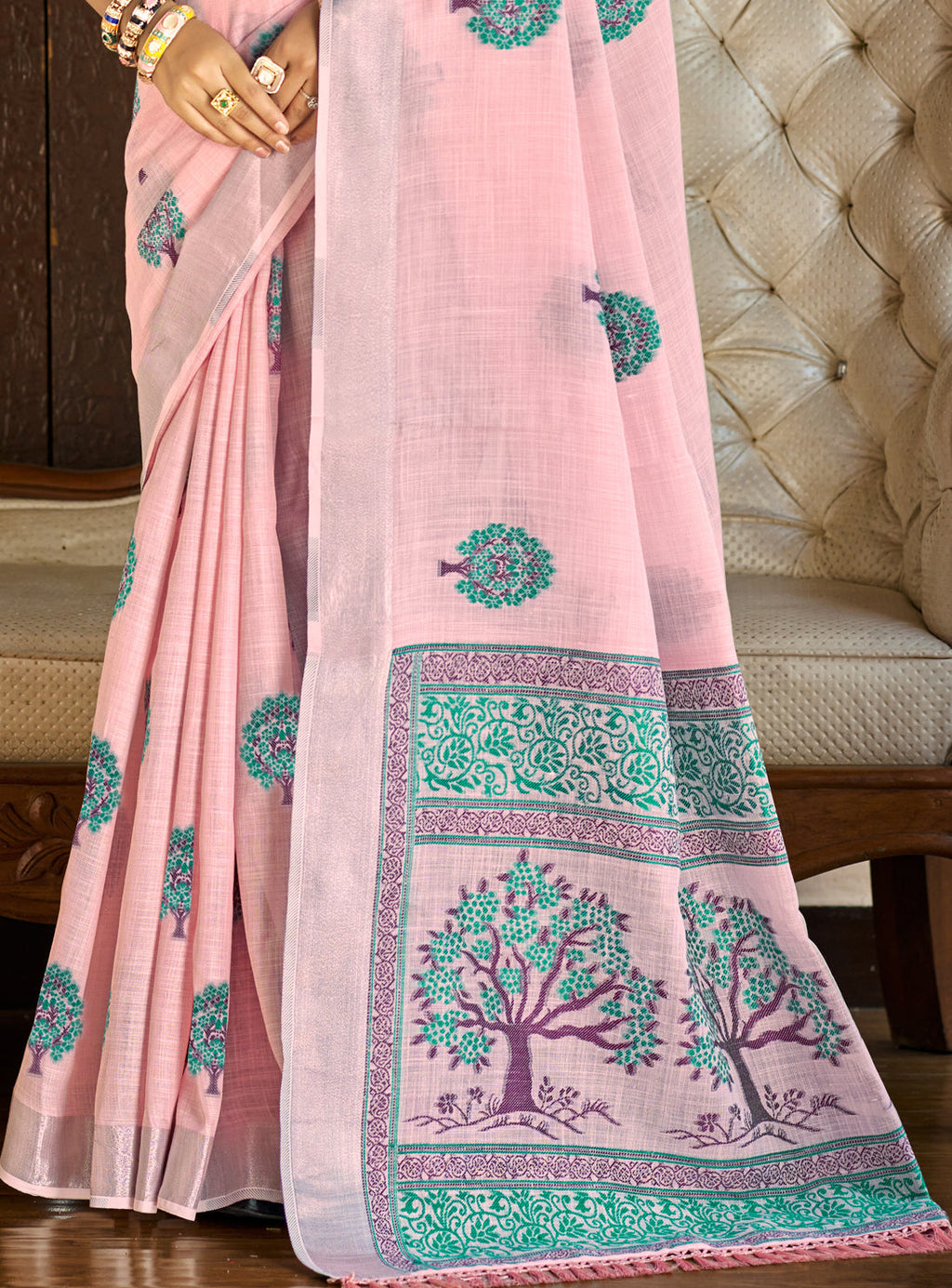 Sangam Prints Dark Pink Linen Woven Work Traditional Saree