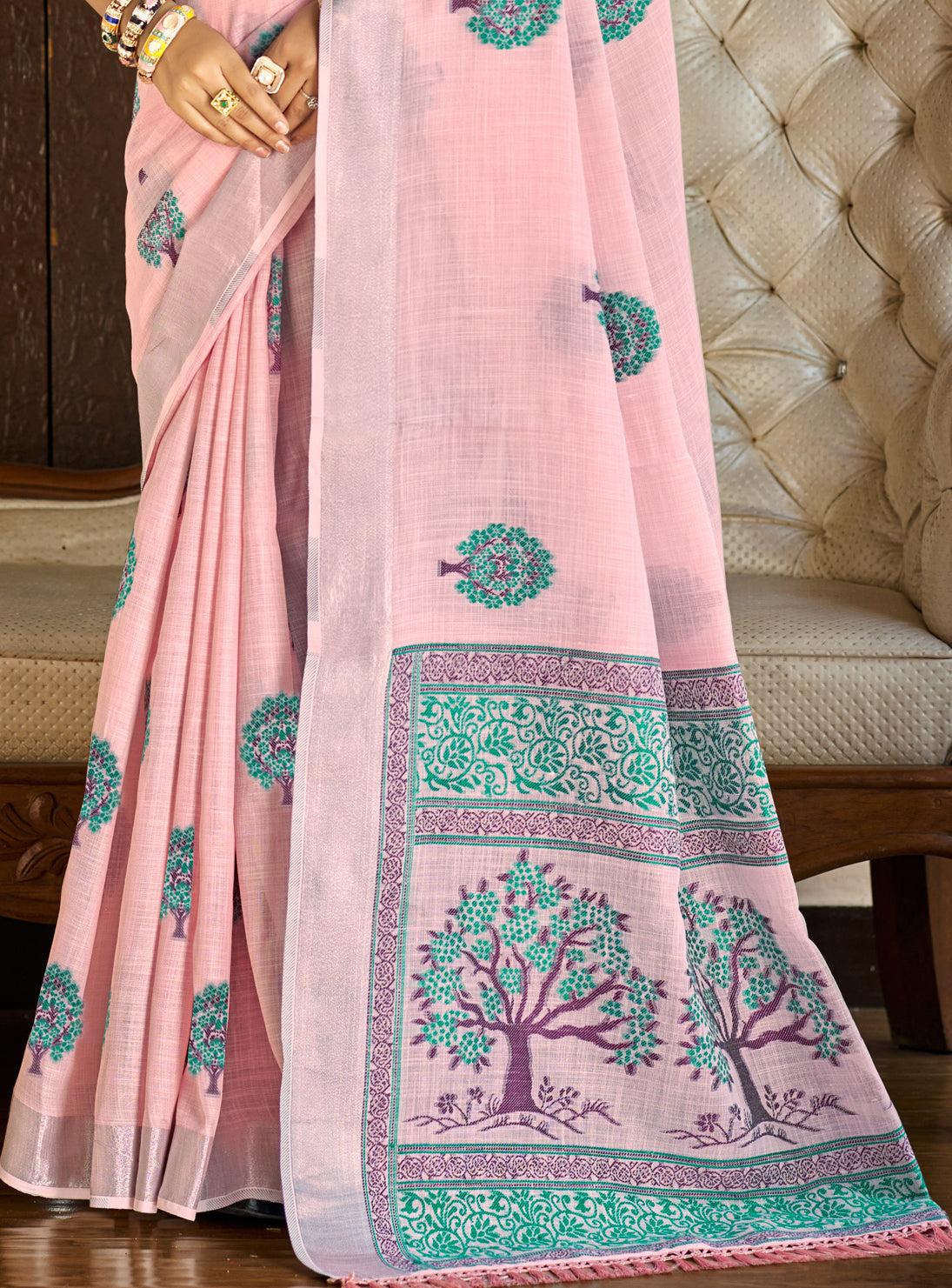 Sangam Prints Dark Pink Linen Woven Work Traditional Saree