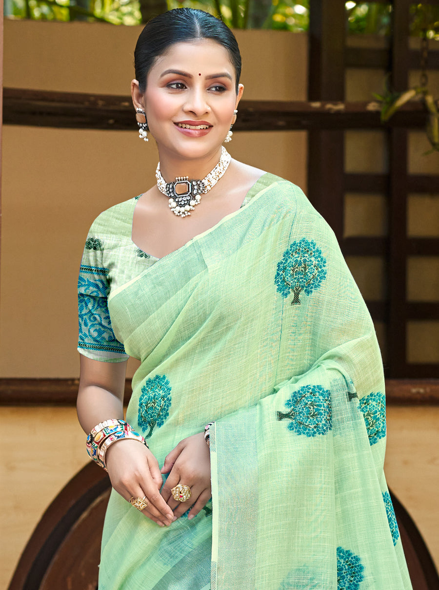 Sangam Prints Green Linen Woven Work Traditional Saree