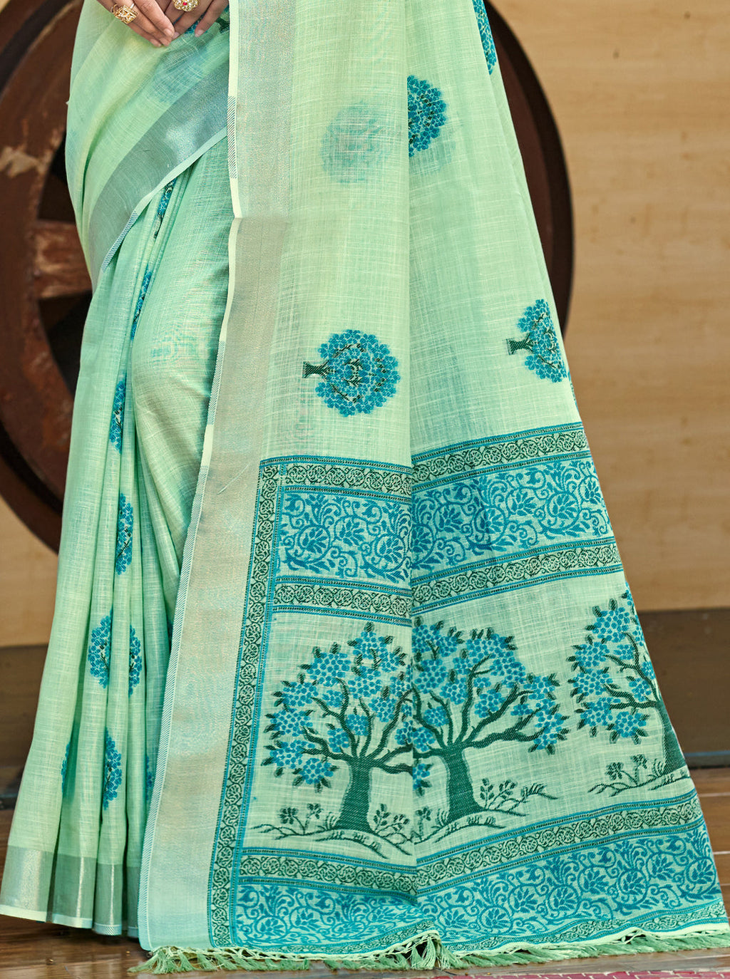Sangam Prints Green Linen Woven Work Traditional Saree