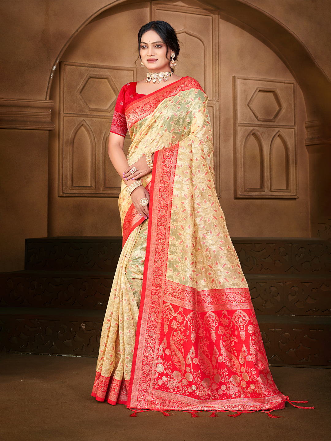 Sangam Prints Cream Silk Woven Work Traditional Saree