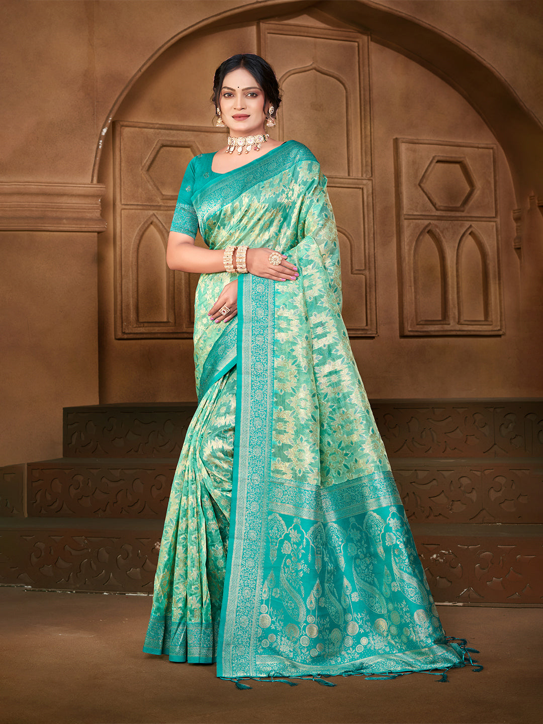 Sangam Prints  Sea Green Silk Woven Work Traditional Saree