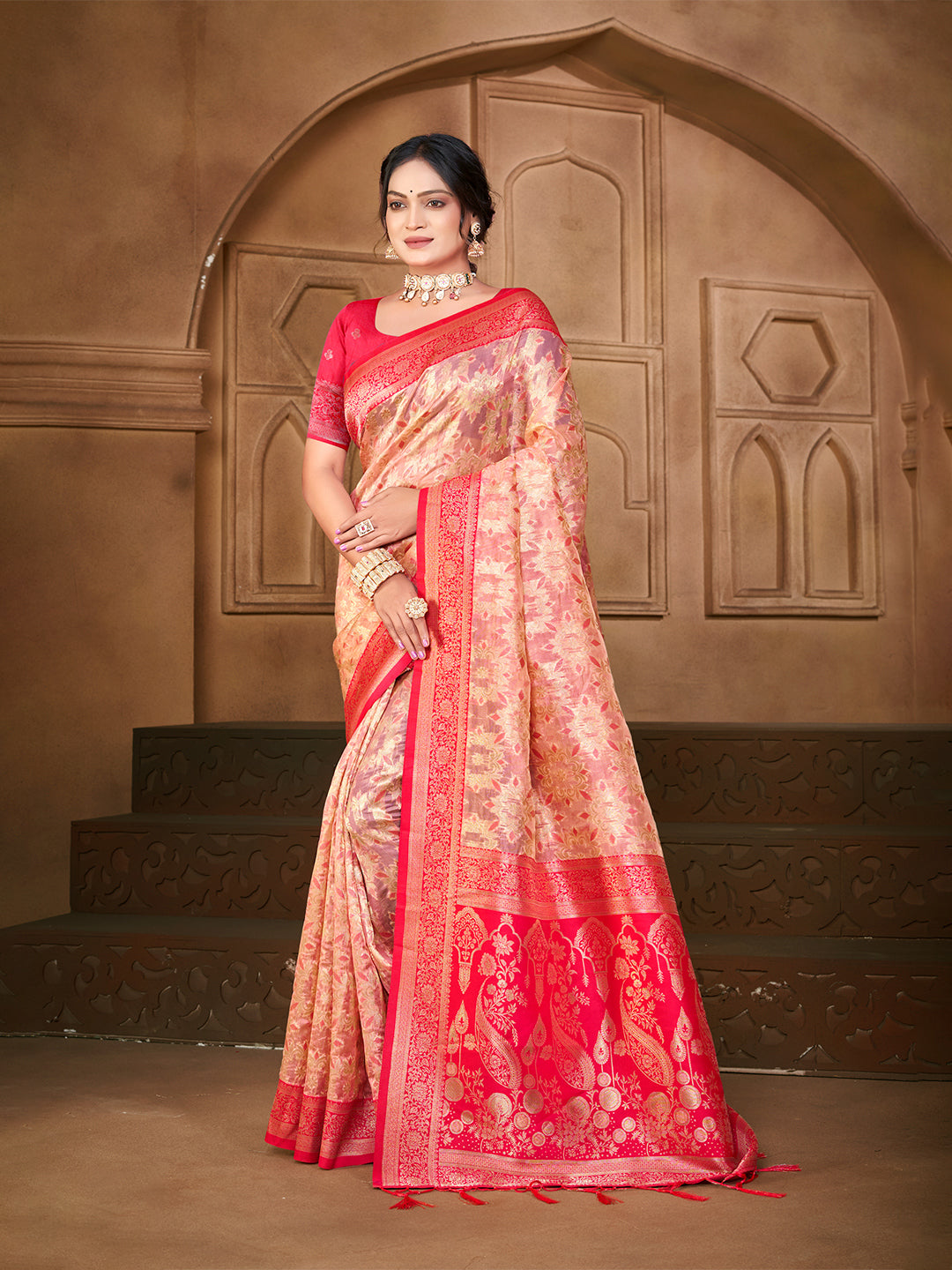 Sangam Prints Light Pink Silk Woven Work Traditional Saree
