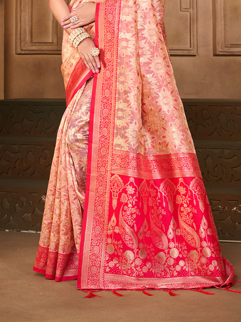 Sangam Prints Light Pink Silk Woven Work Traditional Saree
