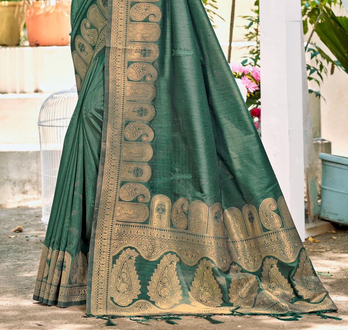 Sangam Prints Dark Green Assam Silk Woven Work Traditional Saree