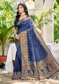 Sangam Prints Navy Blue Assam Silk Woven Work Traditional Saree