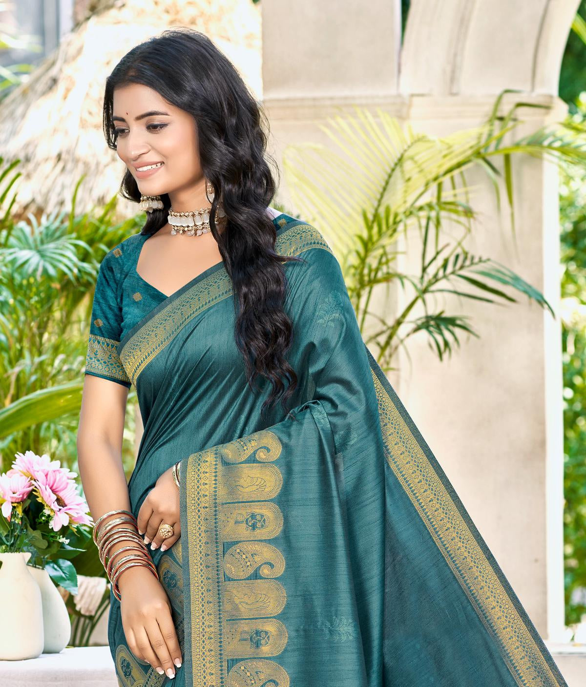 Sangam Prints Turquoise Assam Silk Woven Work Traditional Saree