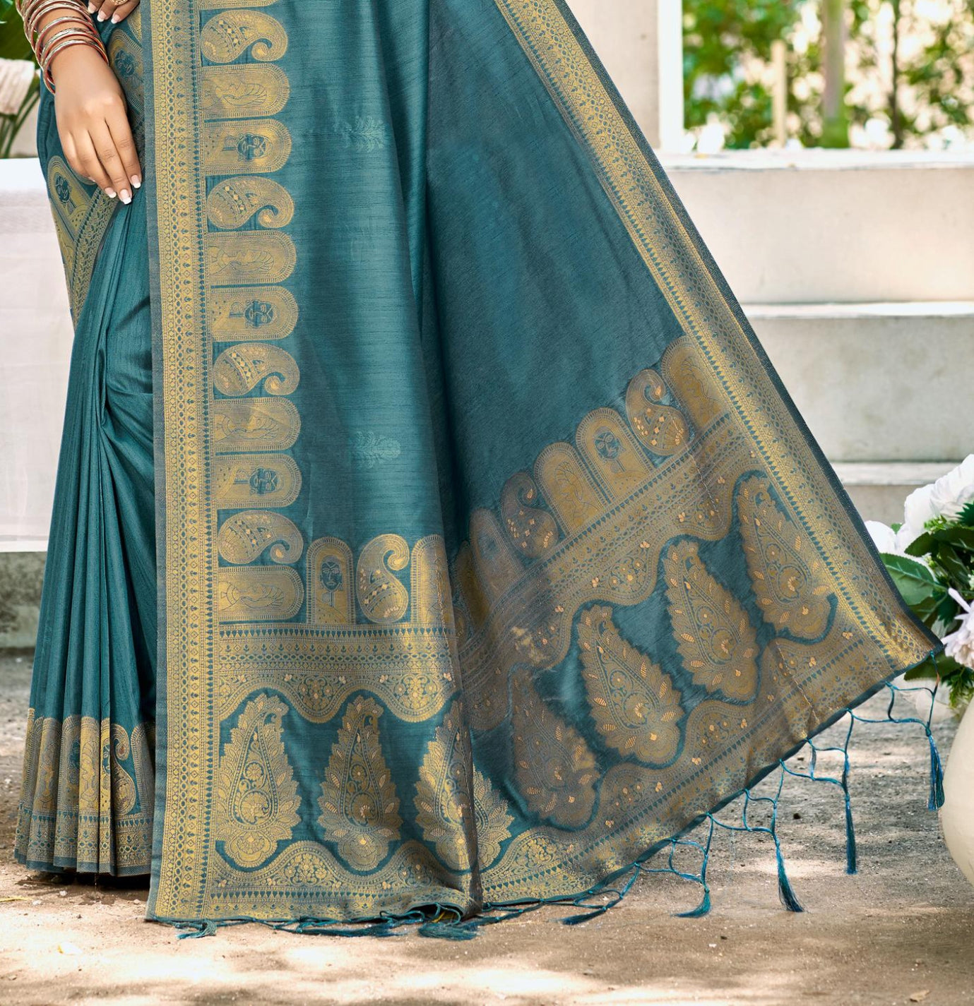 Sangam Prints Turquoise Assam Silk Woven Work Traditional Saree