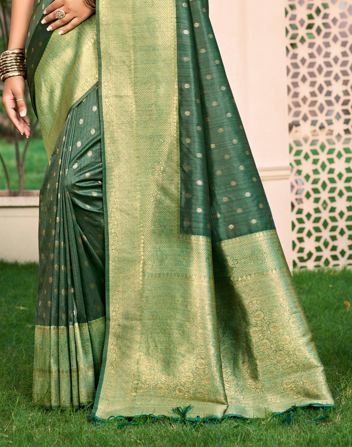 Sangam Prints Dark green Assam Silk Woven Work Traditional Saree