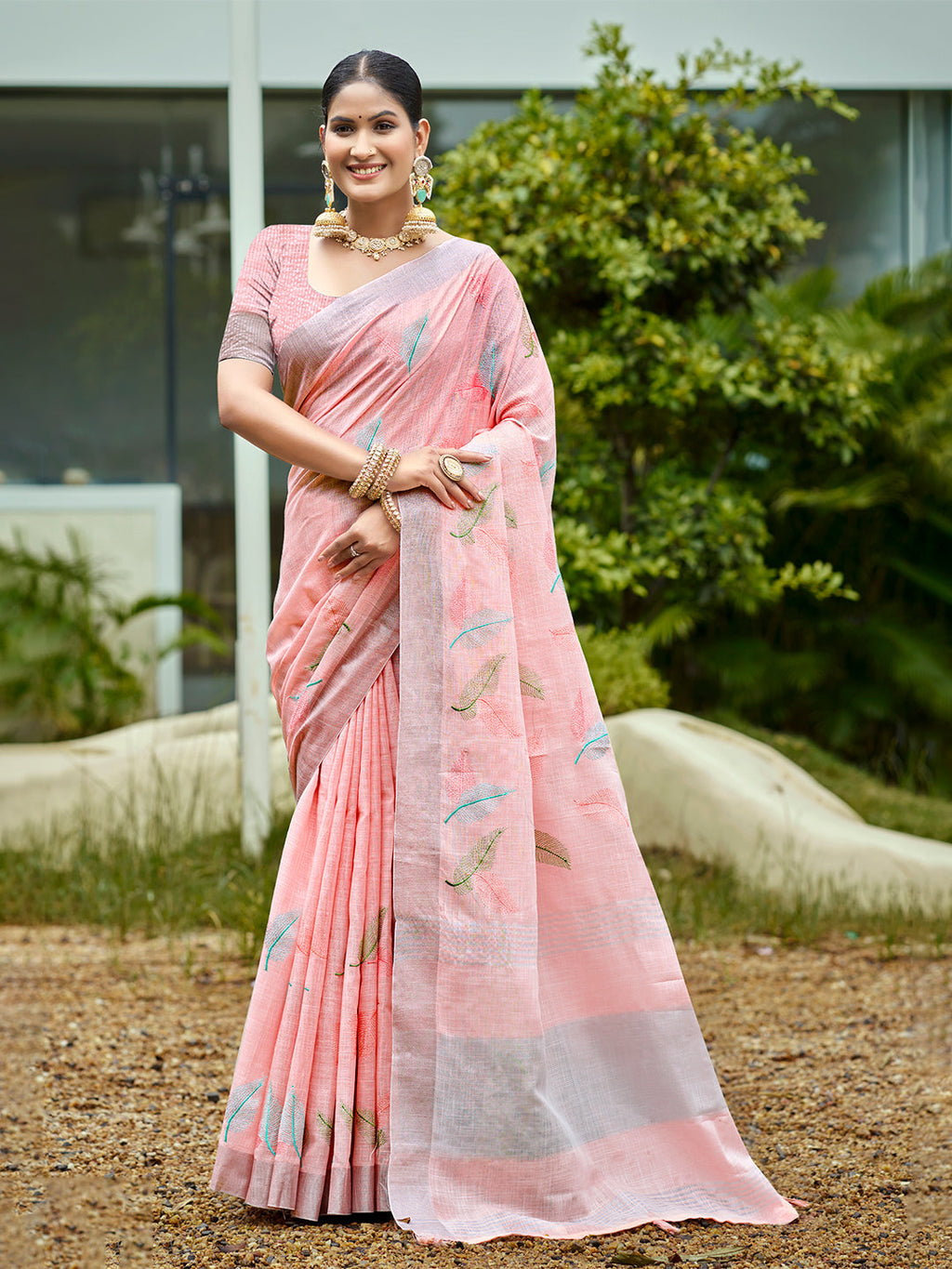 Sangam Prints Peach Linen Woven Work Traditional Saree